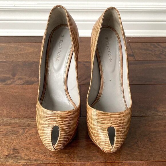 Sergio Rossi Beige Tan Snakeskin 5" Stiletto High Heels Peep Toe EUR 37.5 US 7 - Picture 2 of 6